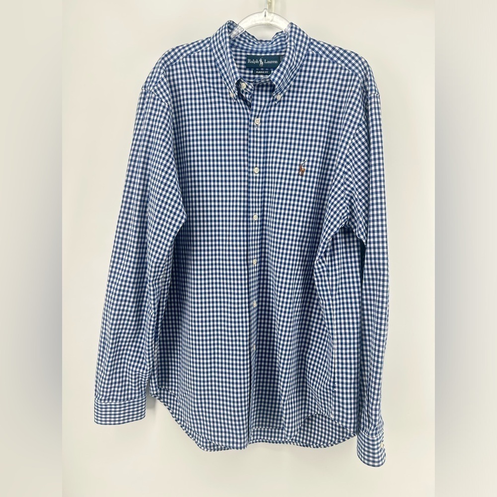 RALPH LAUREN MENS NAVY WHITE PLAID GINGHAM L/S BUTTON DOWN SHIRT L Classic Fit